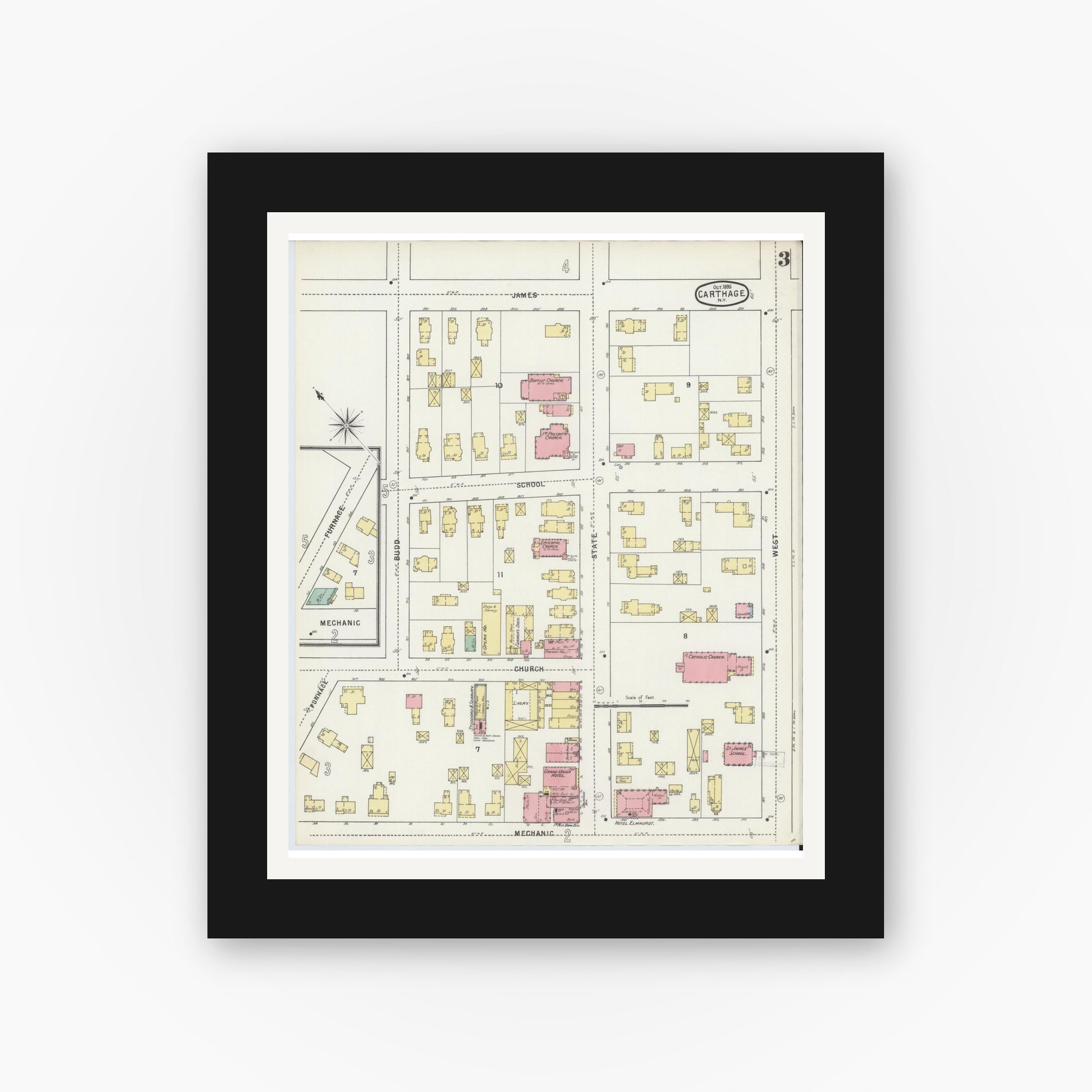 Old map wall art mockup — black gallery frame with white mat — Sanborn Fire Insurance Map from Carthage, Jefferson County, New York (1895), Sheet #0003