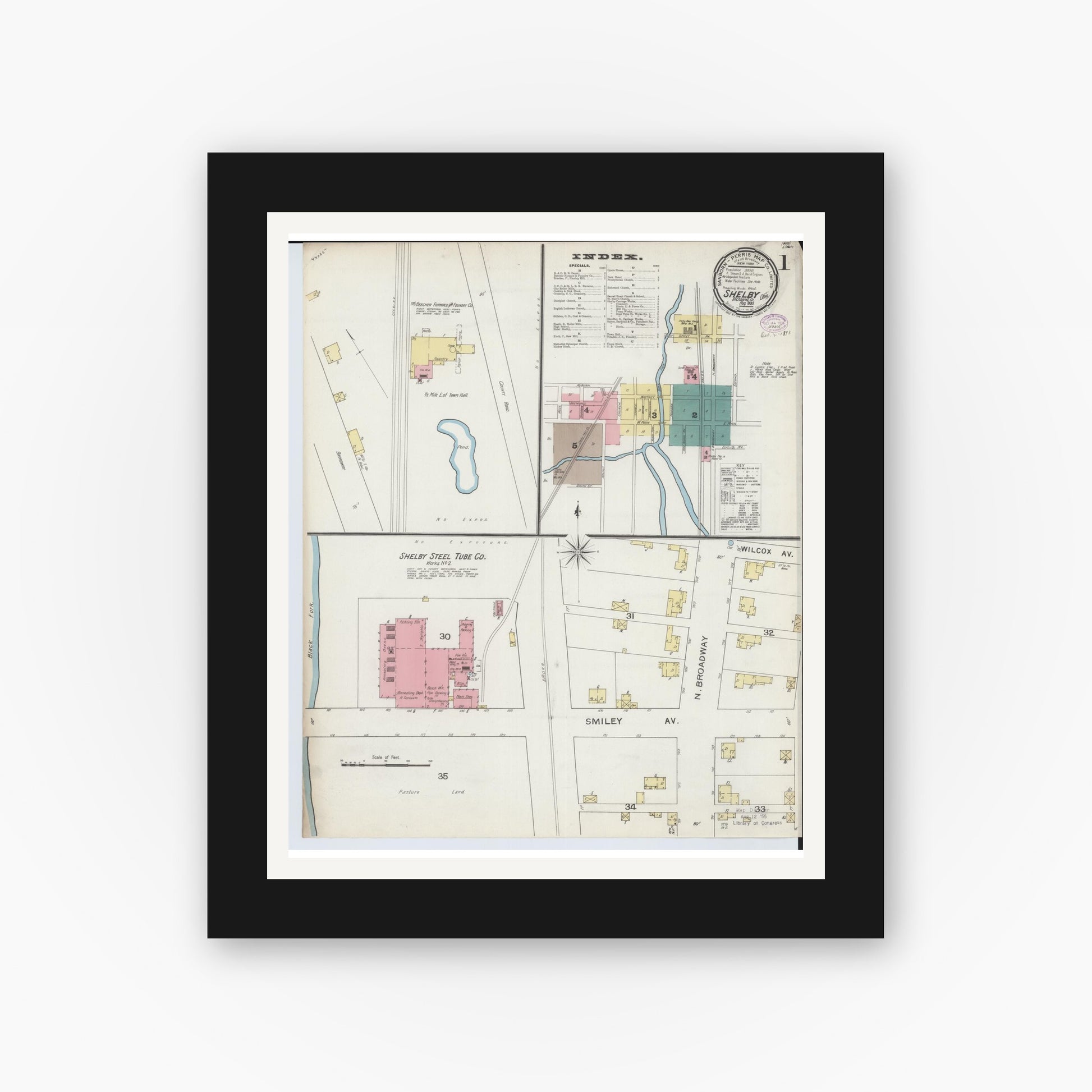 Old map wall art mockup — black gallery frame with white mat — Sanborn Fire Insurance Map from Shelby, Richland County, Ohio (1893) - Complete Map Set