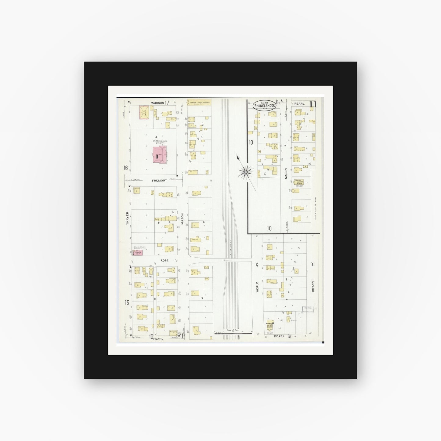 Old map wall art mockup — black gallery frame with white mat — Sanborn Fire Insurance Map from Rhinelander, Oneida County, Wisconsin (1908), Sheet #0011