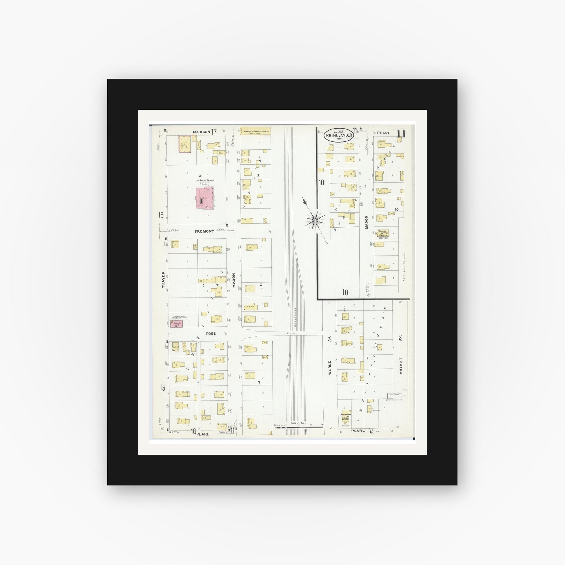Old map wall art mockup — black gallery frame with white mat — Sanborn Fire Insurance Map from Rhinelander, Oneida County, Wisconsin (1908), Sheet #0011