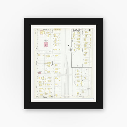Old map wall art mockup — black gallery frame with white mat — Sanborn Fire Insurance Map from Rhinelander, Oneida County, Wisconsin (1908), Sheet #0011