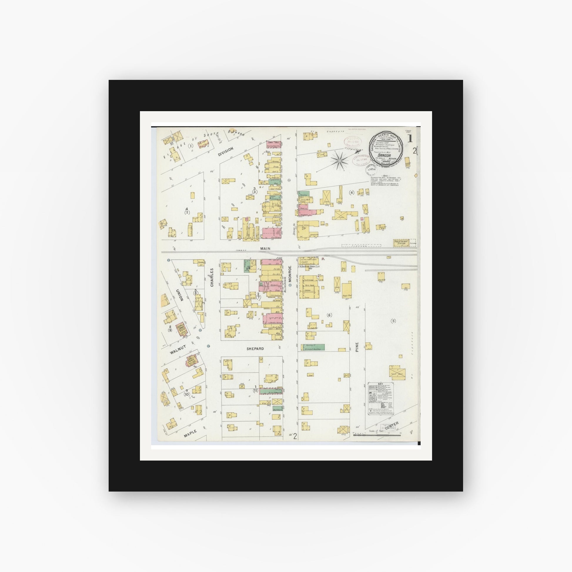 Old map wall art mockup — black gallery frame with white mat — Sanborn Fire Insurance Map from Bangor, Van Buren County, Michigan (1899), Sheet #0001