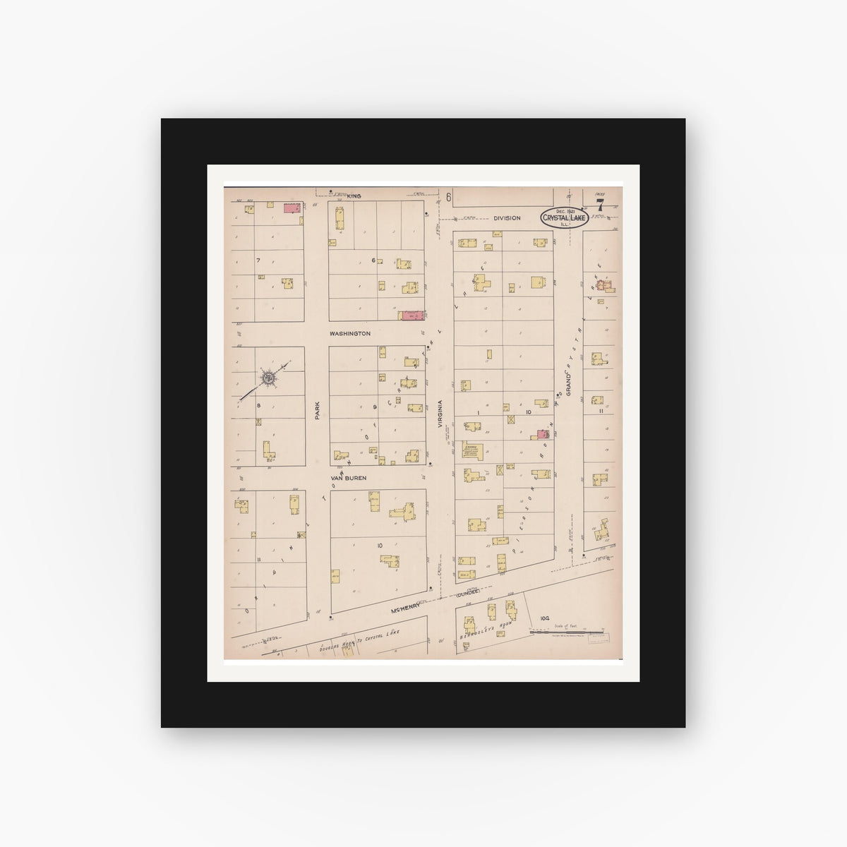 Old map wall art mockup — black gallery frame with white mat — Sanborn Fire Insurance Map from Crystal Lake, McHenry County, Illinois (1921), Sheet #0007