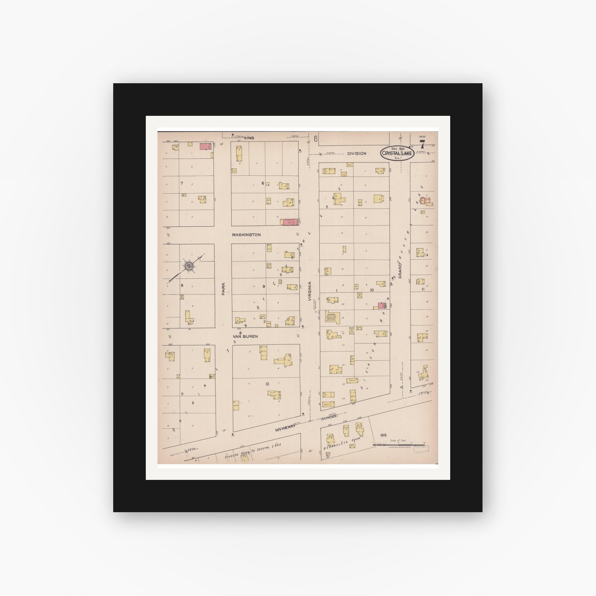 Old map wall art mockup — black gallery frame with white mat — Sanborn Fire Insurance Map from Crystal Lake, McHenry County, Illinois (1921), Sheet #0007