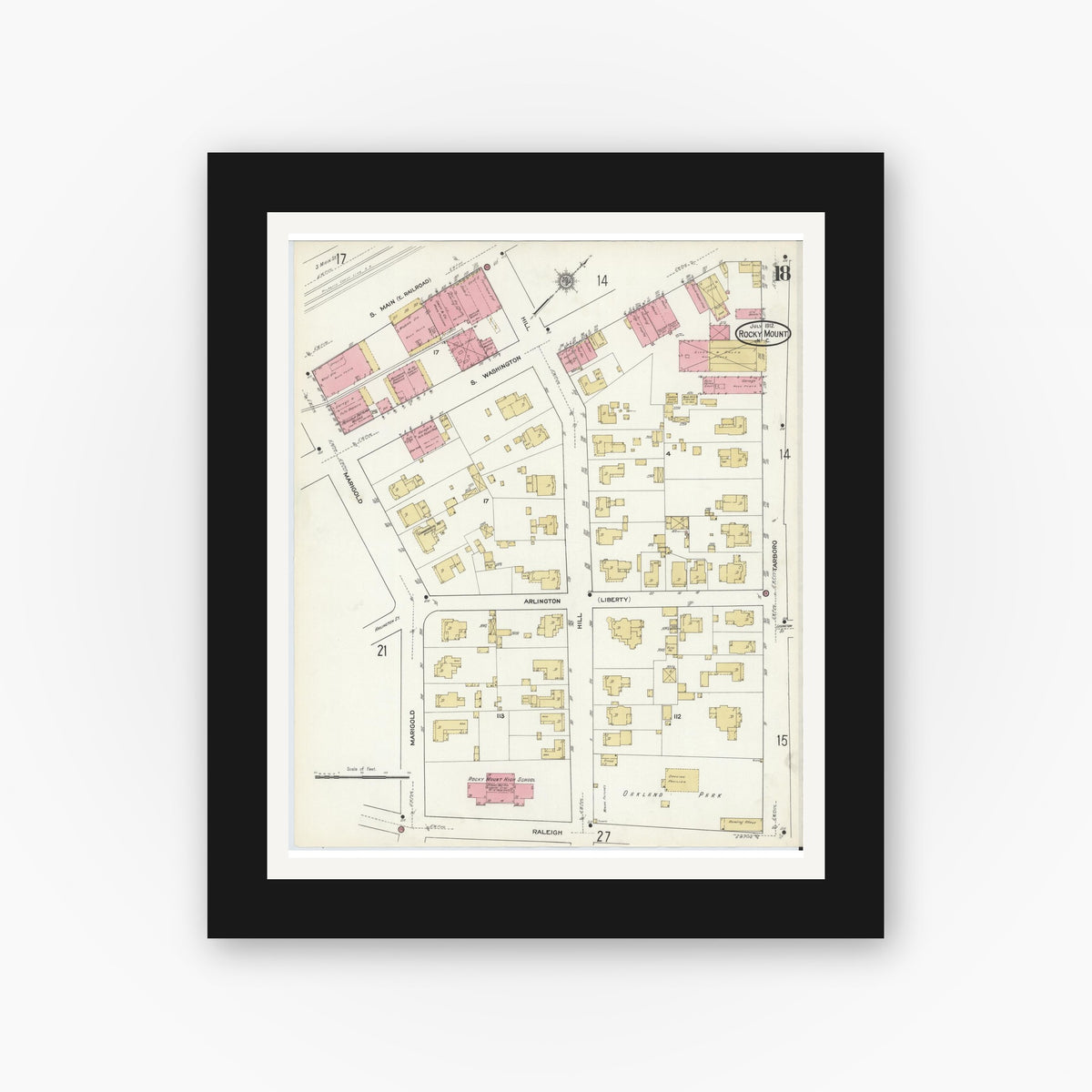 Old map wall art mockup — black gallery frame with white mat — Sanborn Fire Insurance Map from Rocky Mount, Edgecombe And Nash Counties, North Carolina (1912), Sheet #0018