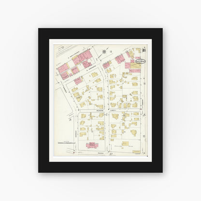 Old map wall art mockup — black gallery frame with white mat — Sanborn Fire Insurance Map from Rocky Mount, Edgecombe And Nash Counties, North Carolina (1912), Sheet #0018