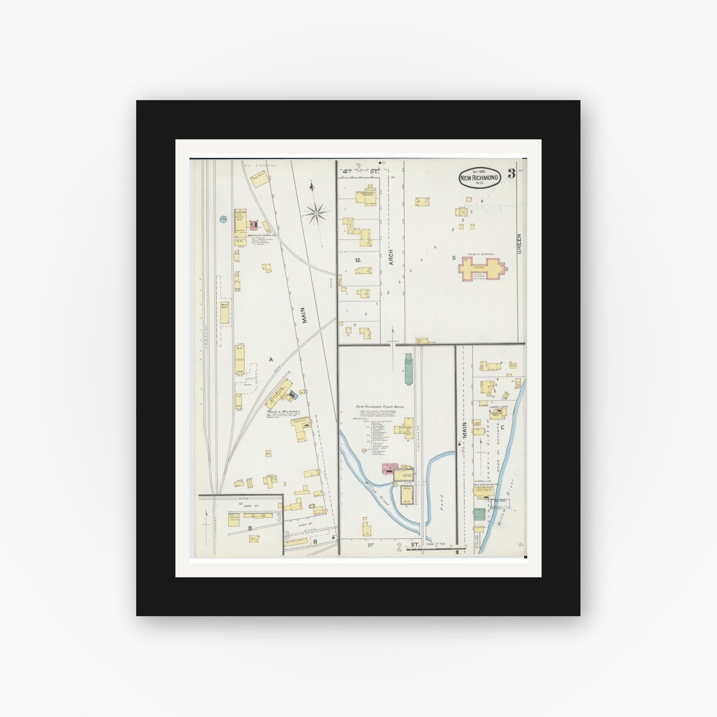 Old map wall art mockup — black gallery frame with white mat — Sanborn Fire Insurance Map from New Richmond, St. Croix County, Wisconsin (1892), Sheet #0003