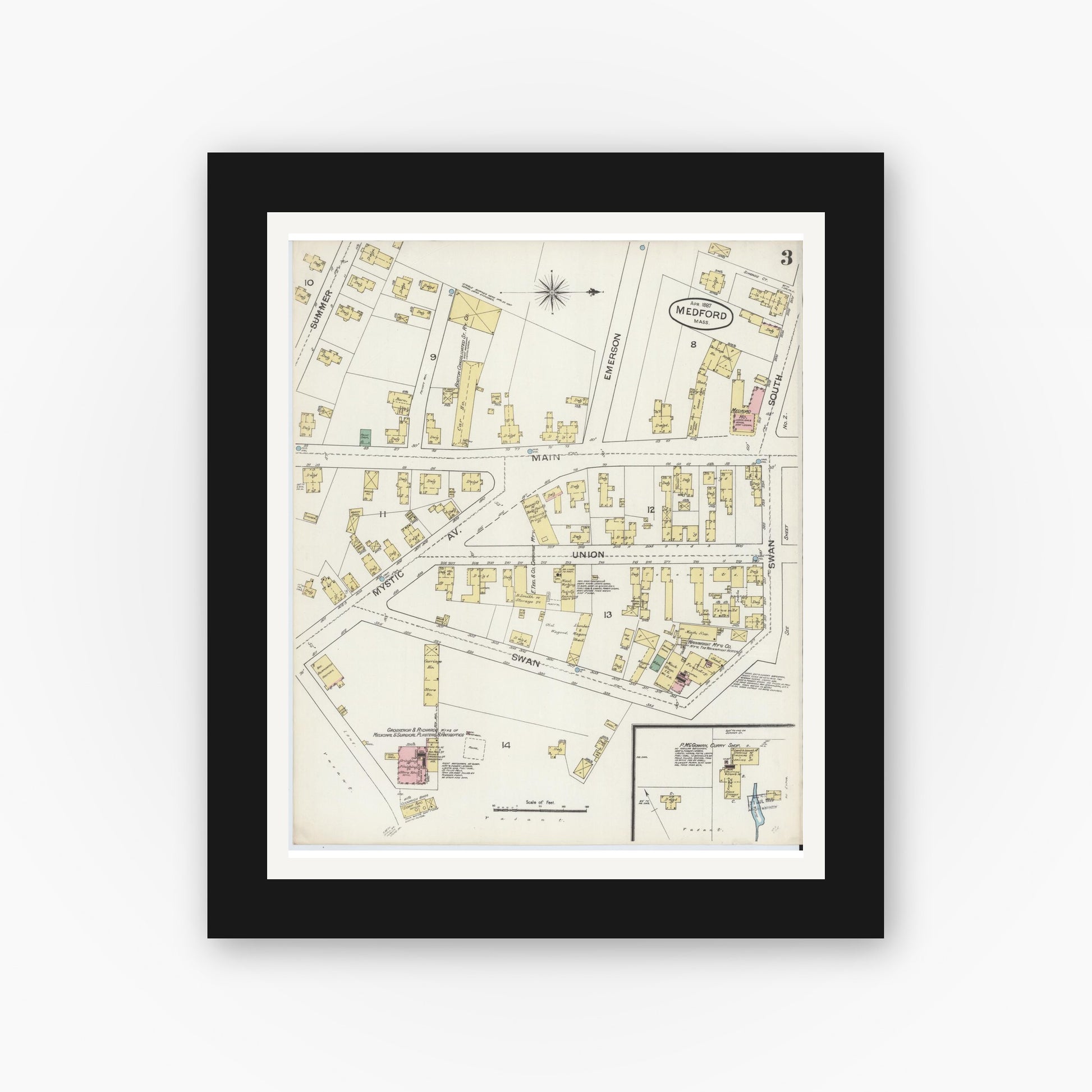 Old map wall art mockup — black gallery frame with white mat — Sanborn Fire Insurance Map from Medford, Middlesex County, Massachusetts (1887), Sheet #0003