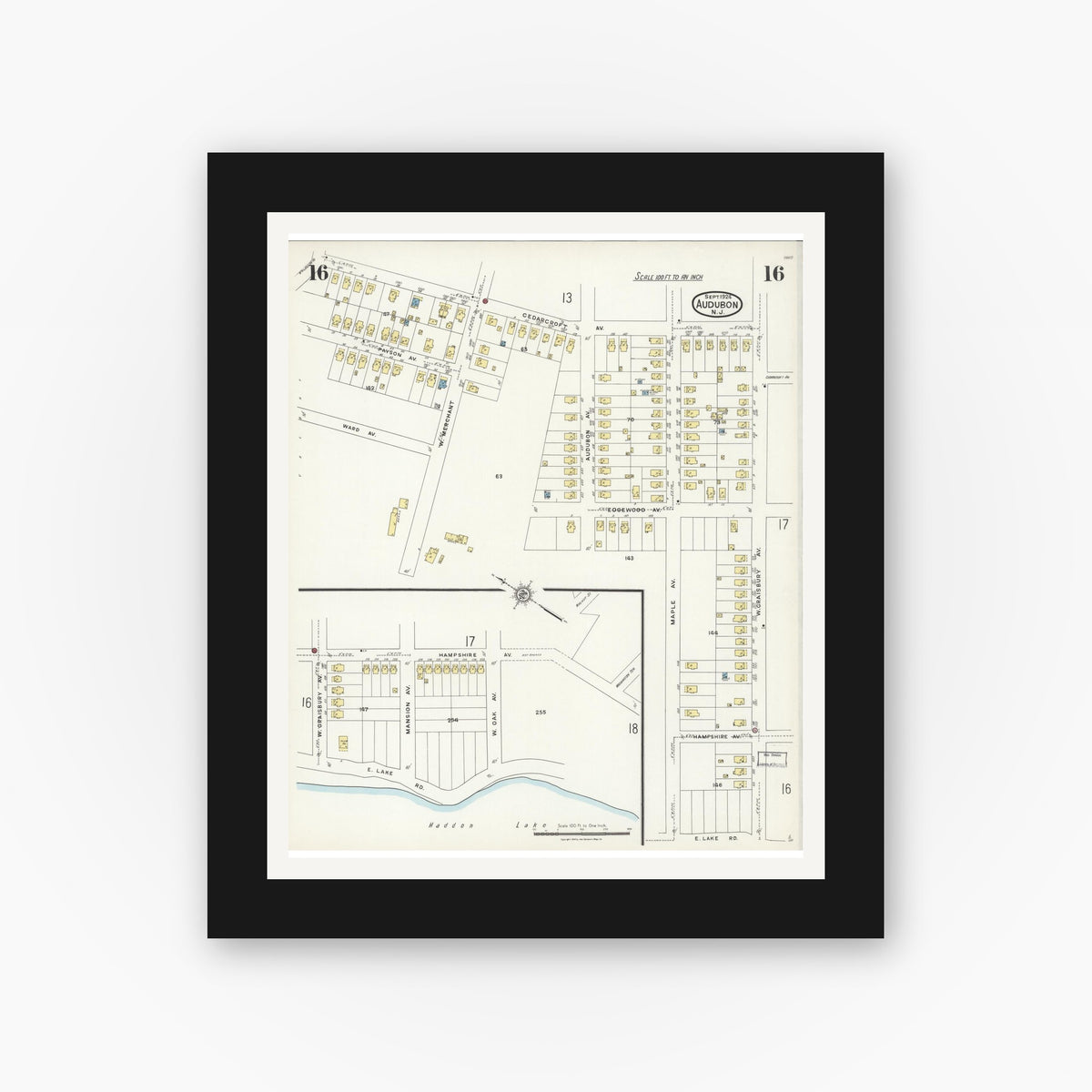 Old map wall art mockup — black gallery frame with white mat — Sanborn Fire Insurance Map from Audubon, Camden County, New Jersey (1924), Sheet #0016