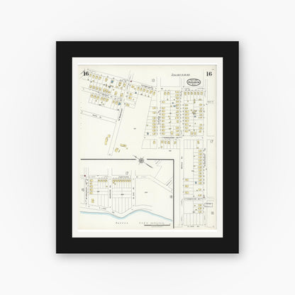 Old map wall art mockup — black gallery frame with white mat — Sanborn Fire Insurance Map from Audubon, Camden County, New Jersey (1924), Sheet #0016