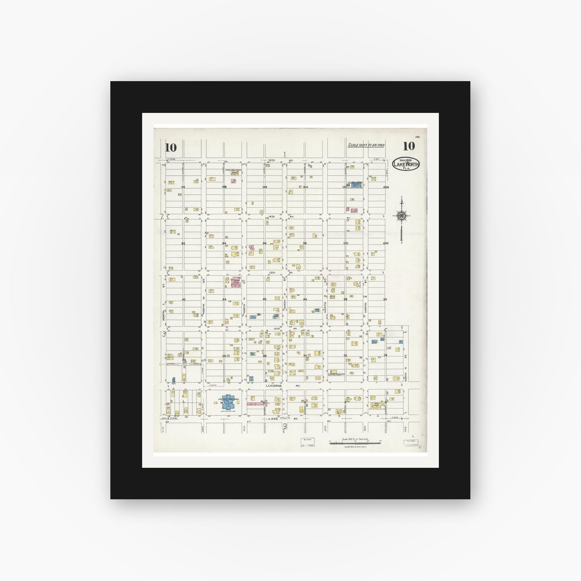 Old map wall art mockup — black gallery frame with white mat — Sanborn Fire Insurance Map from Lake Worth, Palm Beach County, Florida (1924), Sheet #0010
