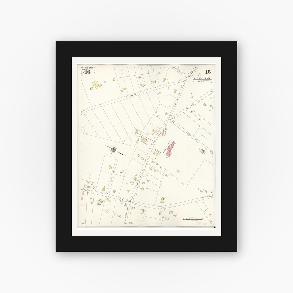Old map wall art mockup — black gallery frame with white mat — Sanborn Fire Insurance Map from Scituate, Plymouth County, Massachusetts (1944), Sheet #0016