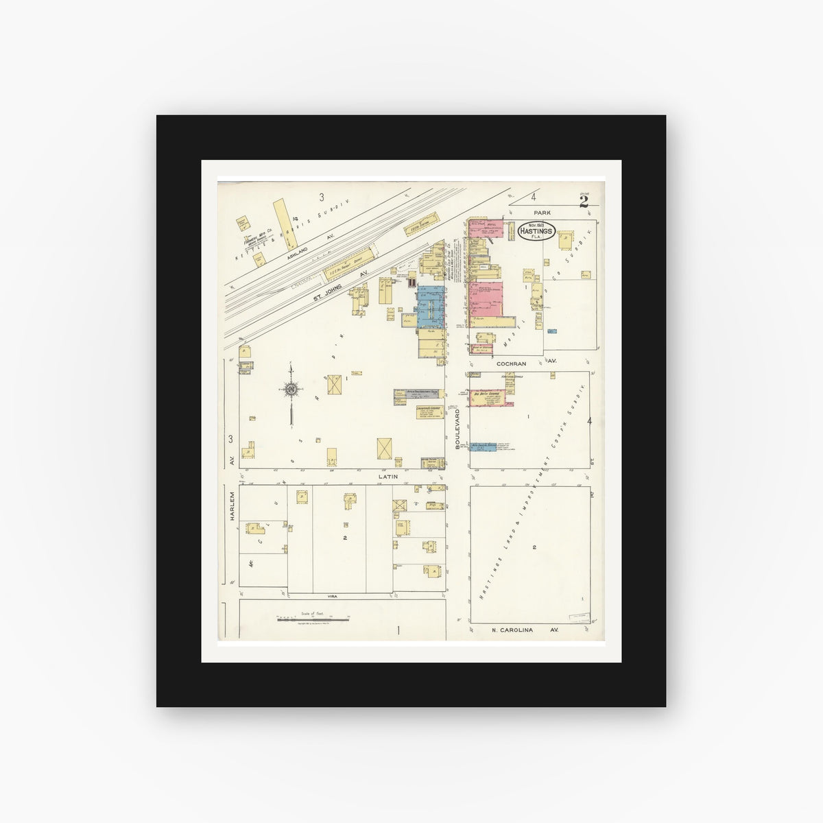 Old map wall art mockup — black gallery frame with white mat — Sanborn Fire Insurance Map from Hastings, St. Johns County, Florida (1921), Sheet #0002