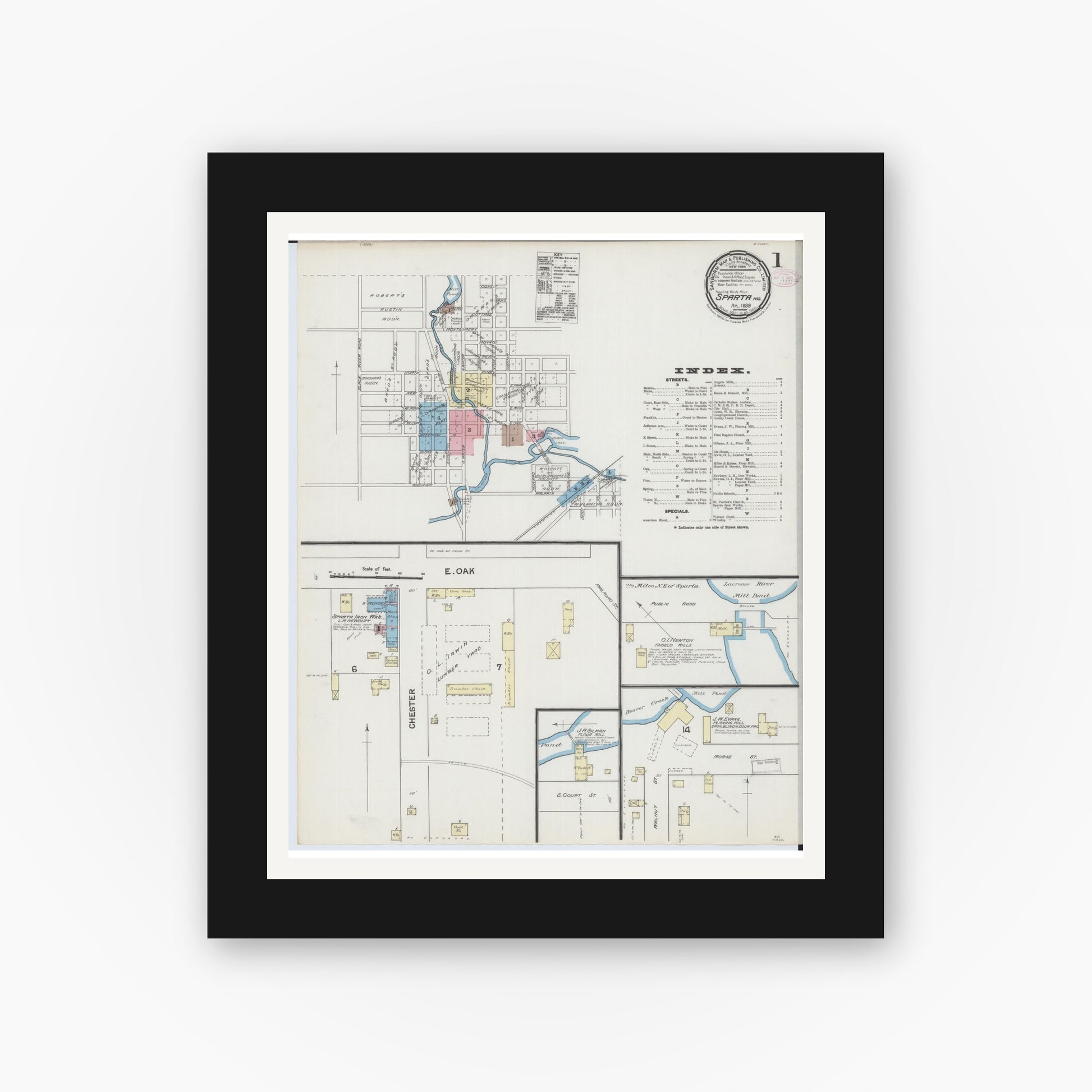 Old map wall art mockup — black gallery frame with white mat — Sanborn Fire Insurance Map from Sparta, Monroe County, Wisconsin (1889) - Complete Map Set