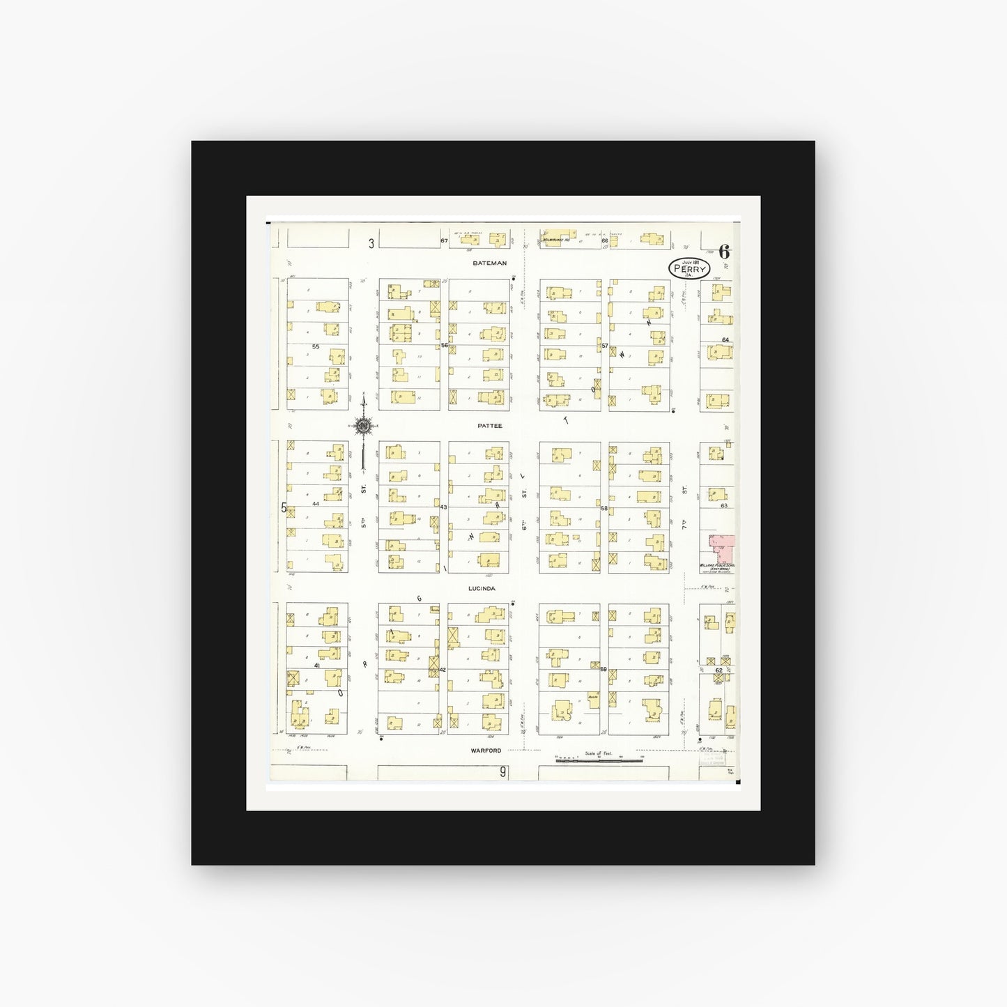 Old map wall art mockup — black gallery frame with white mat — Sanborn Fire Insurance Map from Perry, Dallas County, Iowa (1911), Sheet #0006