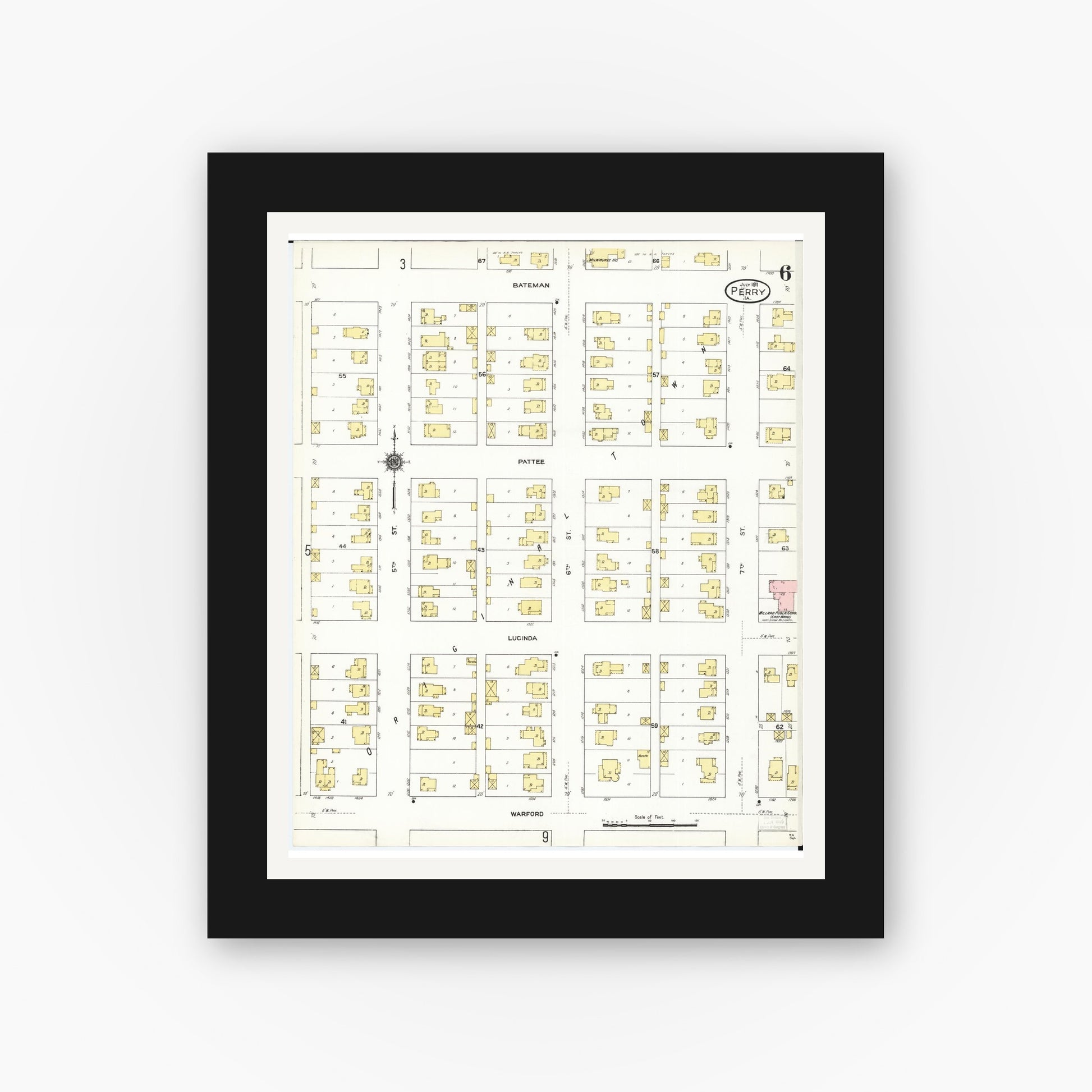 Old map wall art mockup — black gallery frame with white mat — Sanborn Fire Insurance Map from Perry, Dallas County, Iowa (1911), Sheet #0006