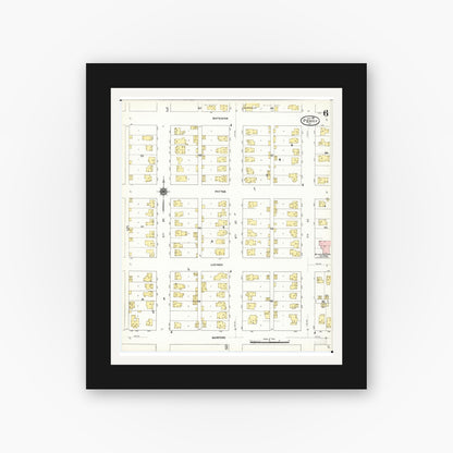 Old map wall art mockup — black gallery frame with white mat — Sanborn Fire Insurance Map from Perry, Dallas County, Iowa (1911), Sheet #0006