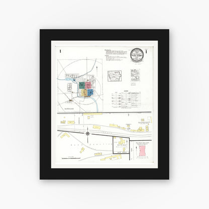 Old map wall art mockup — black gallery frame with white mat — Sanborn Fire Insurance Map from Nora Springs, Floyd County, Iowa (1923) â€” Complete Set