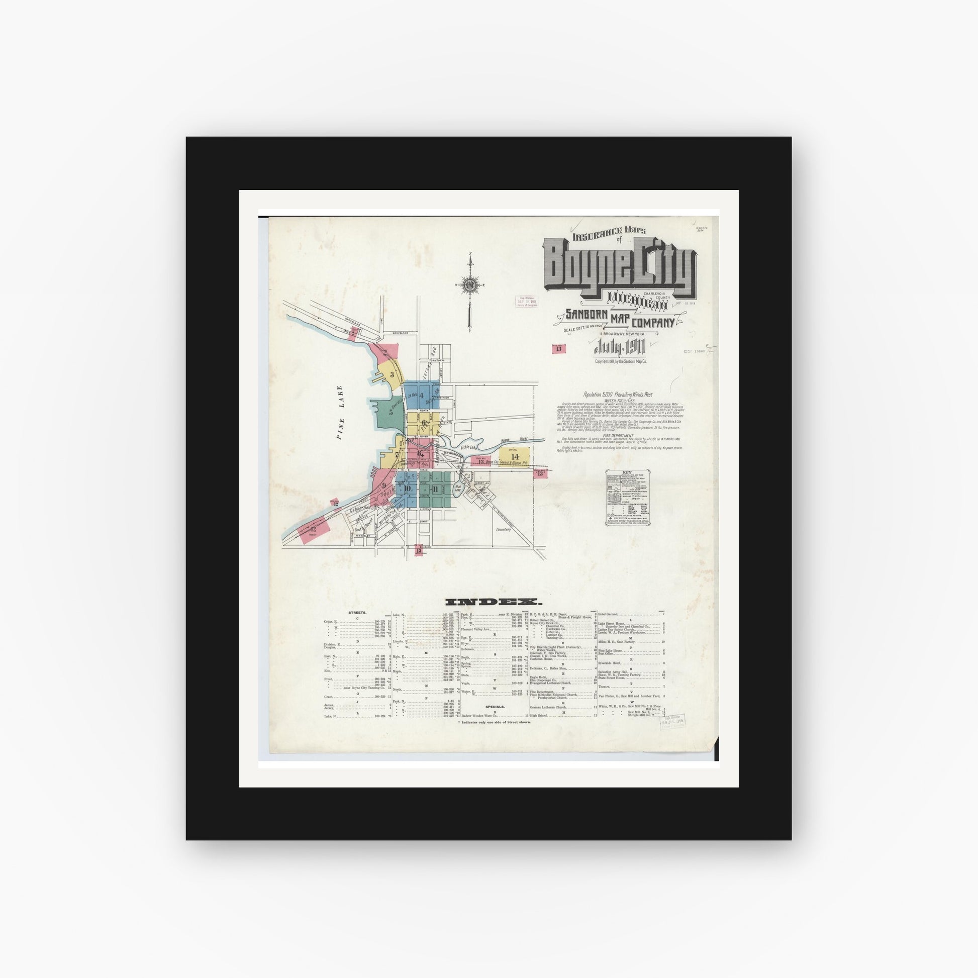 Old map wall art mockup — black gallery frame with white mat — Sanborn Fire Insurance Map from Boyne City, Charlevoix County, Michigan (1911), Sheet #0001