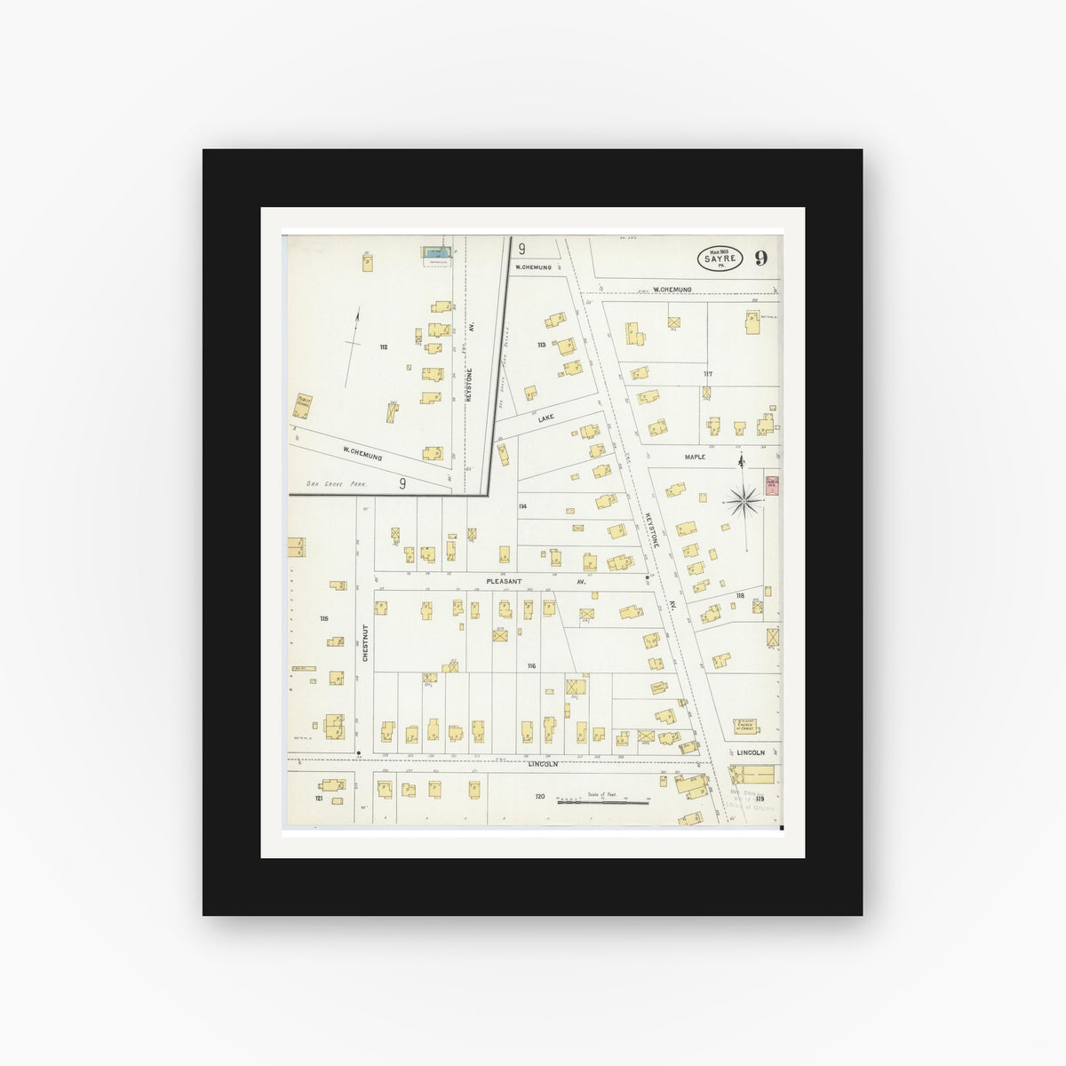 Old map wall art mockup — black gallery frame with white mat — Sanborn Fire Insurance Map from Sayre, Bradford County, Pennsylvania (1903), Sheet #0009