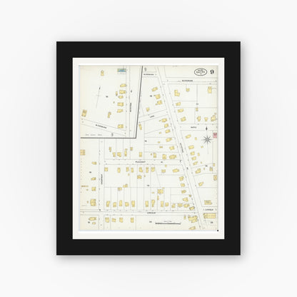 Old map wall art mockup — black gallery frame with white mat — Sanborn Fire Insurance Map from Sayre, Bradford County, Pennsylvania (1903), Sheet #0009