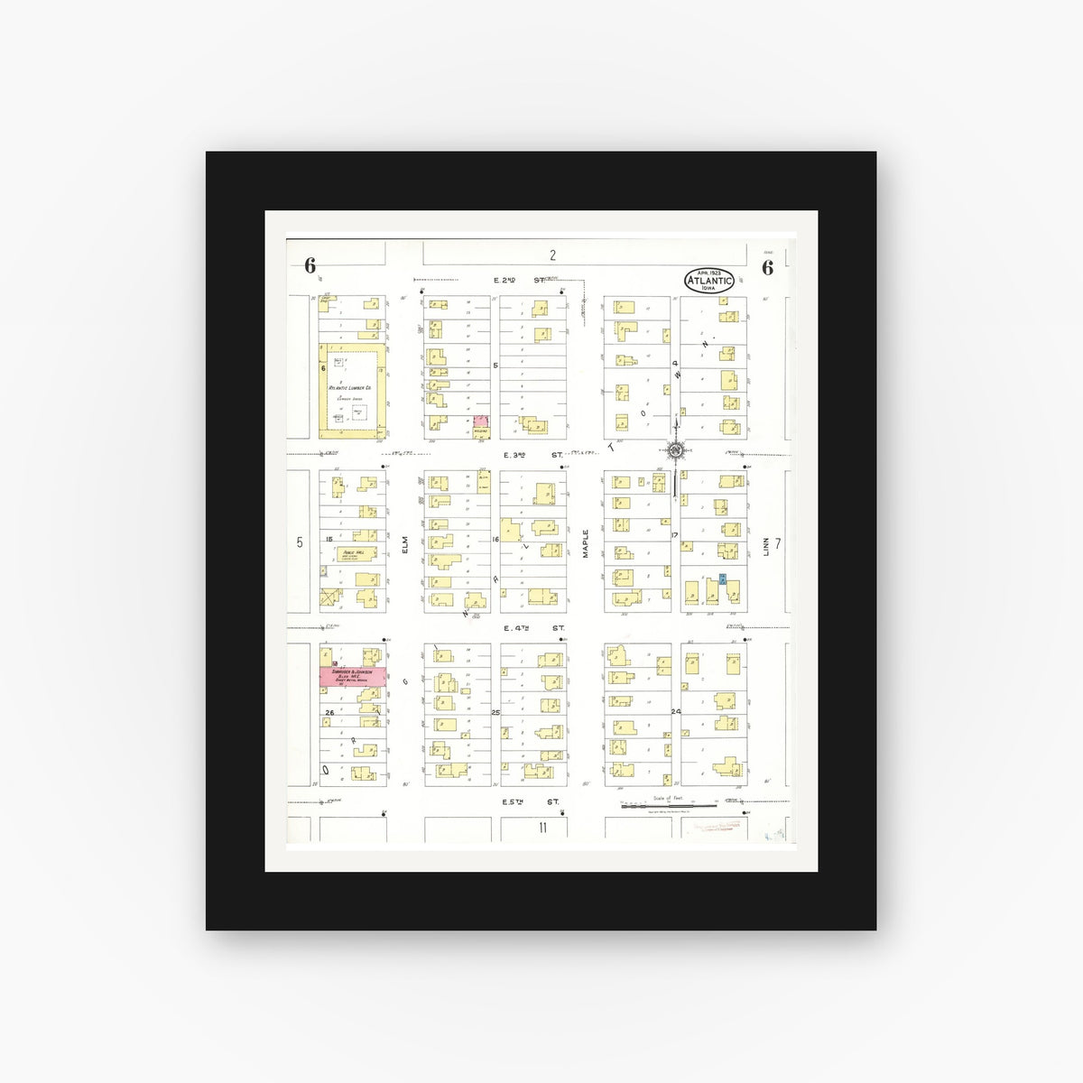 Old map wall art mockup — black gallery frame with white mat — Sanborn Fire Insurance Map from Atlantic, Cass County, Iowa (1923), Sheet #0006