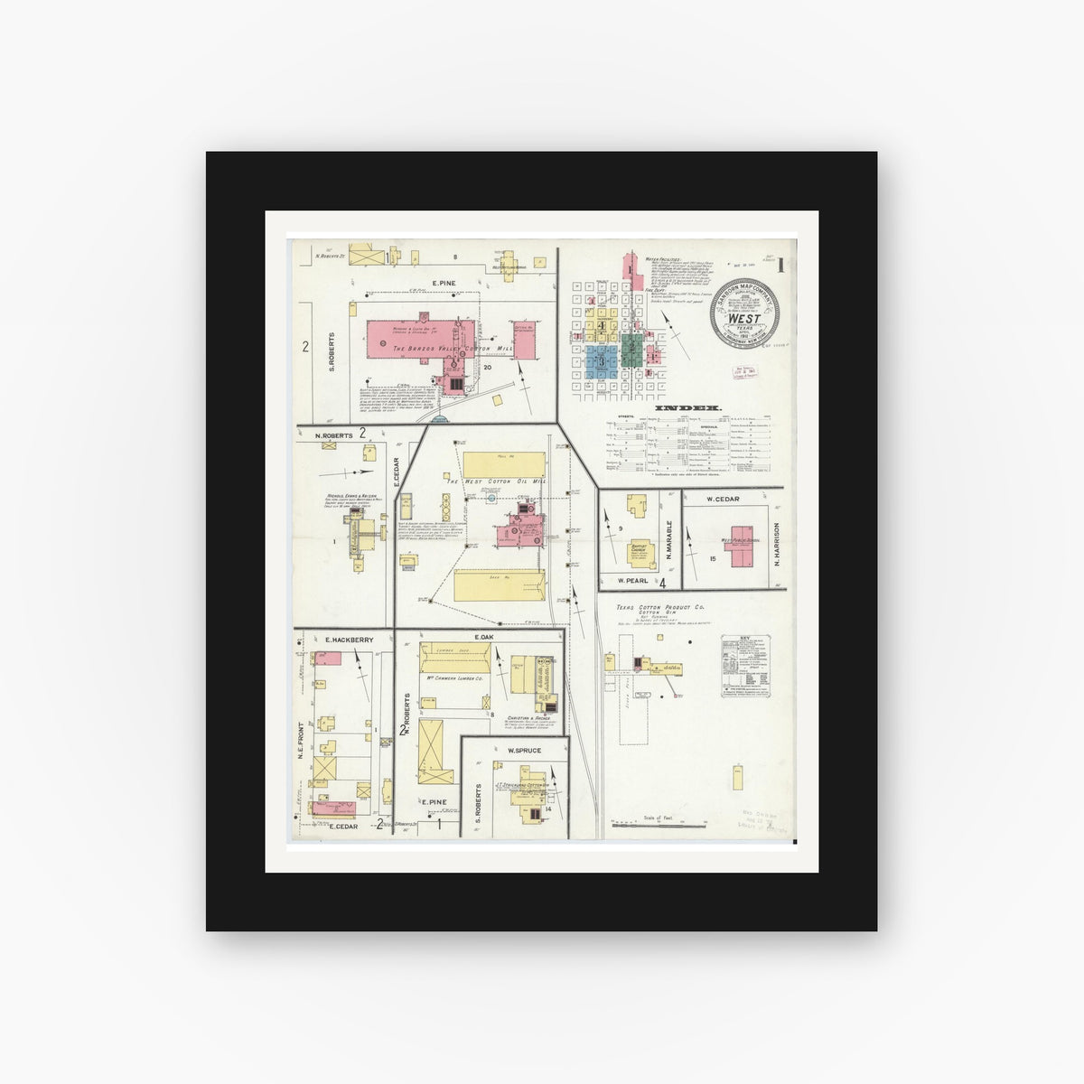 Old map wall art mockup — black gallery frame with white mat — Sanborn Fire Insurance Map from West, McLennan County, Texas (1911), Sheet #0001