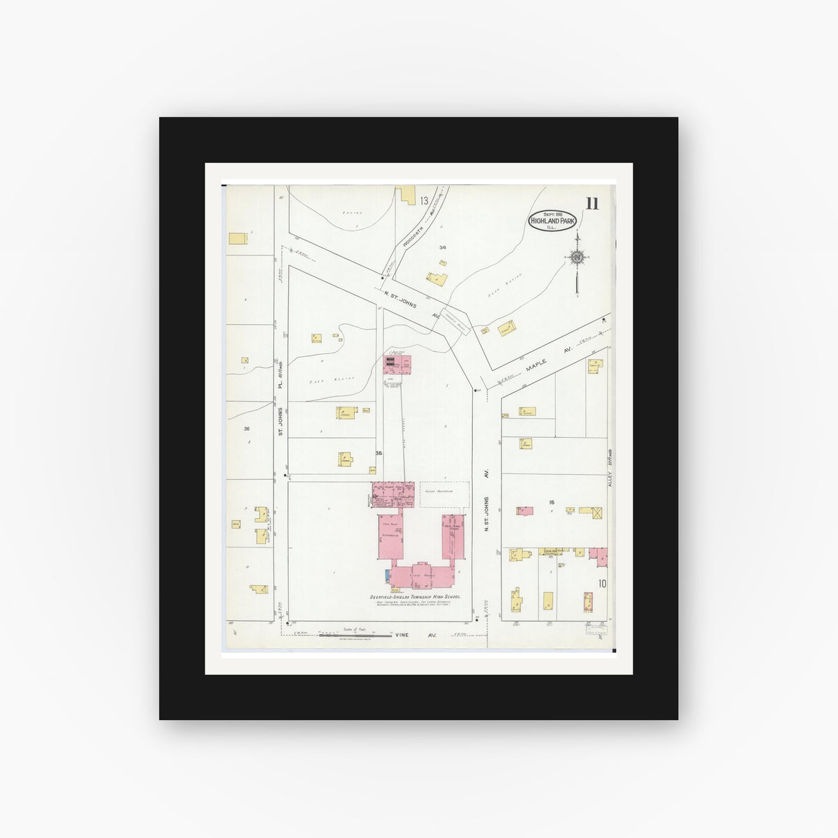 Old map wall art mockup — black gallery frame with white mat — Sanborn Fire Insurance Map from Highland Park, Lake County, Illinois (1918), Sheet #0011