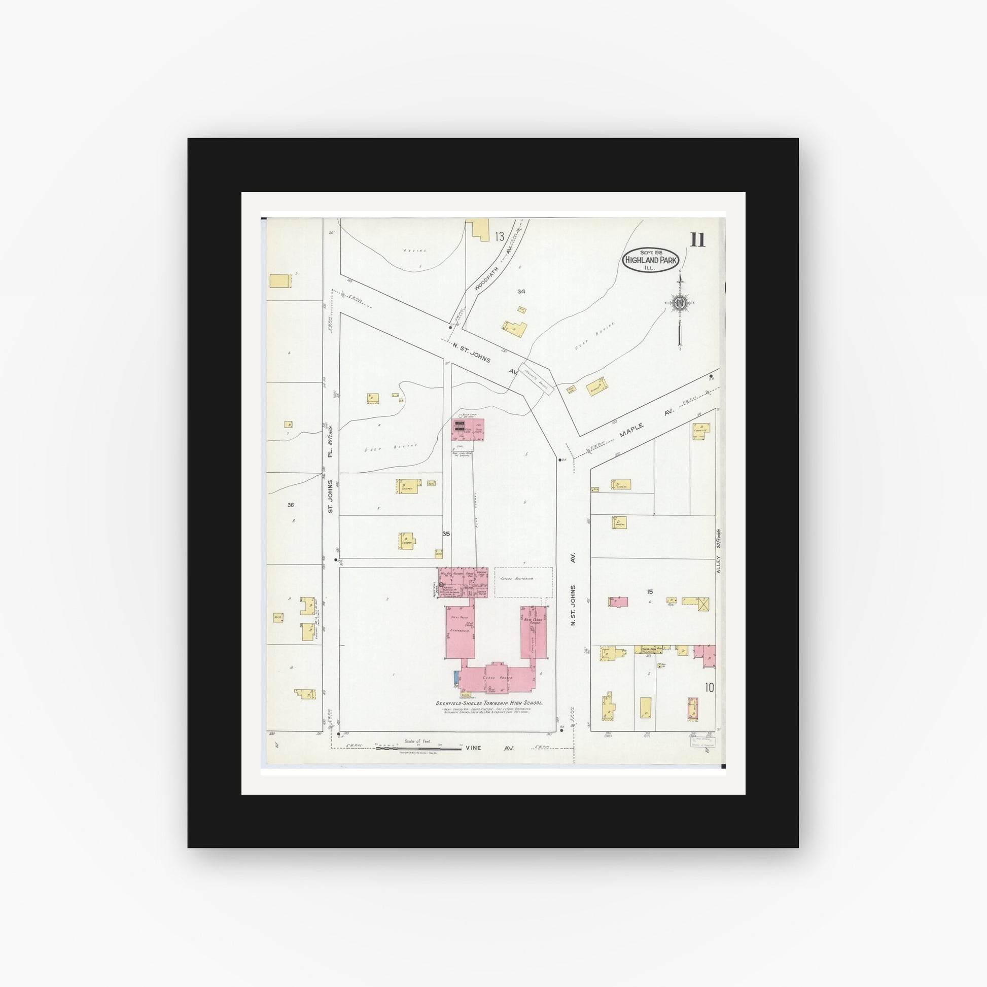 Old map wall art mockup — black gallery frame with white mat — Sanborn Fire Insurance Map from Highland Park, Lake County, Illinois (1918), Sheet #0011