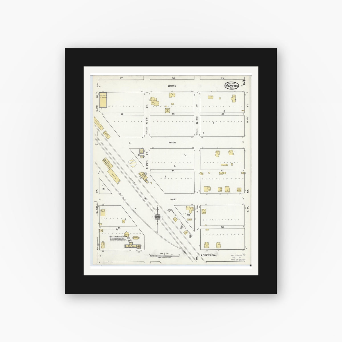 Old map wall art mockup — black gallery frame with white mat — Sanborn Fire Insurance Map from Memphis, Hall County, Texas (1920), Sheet #0007