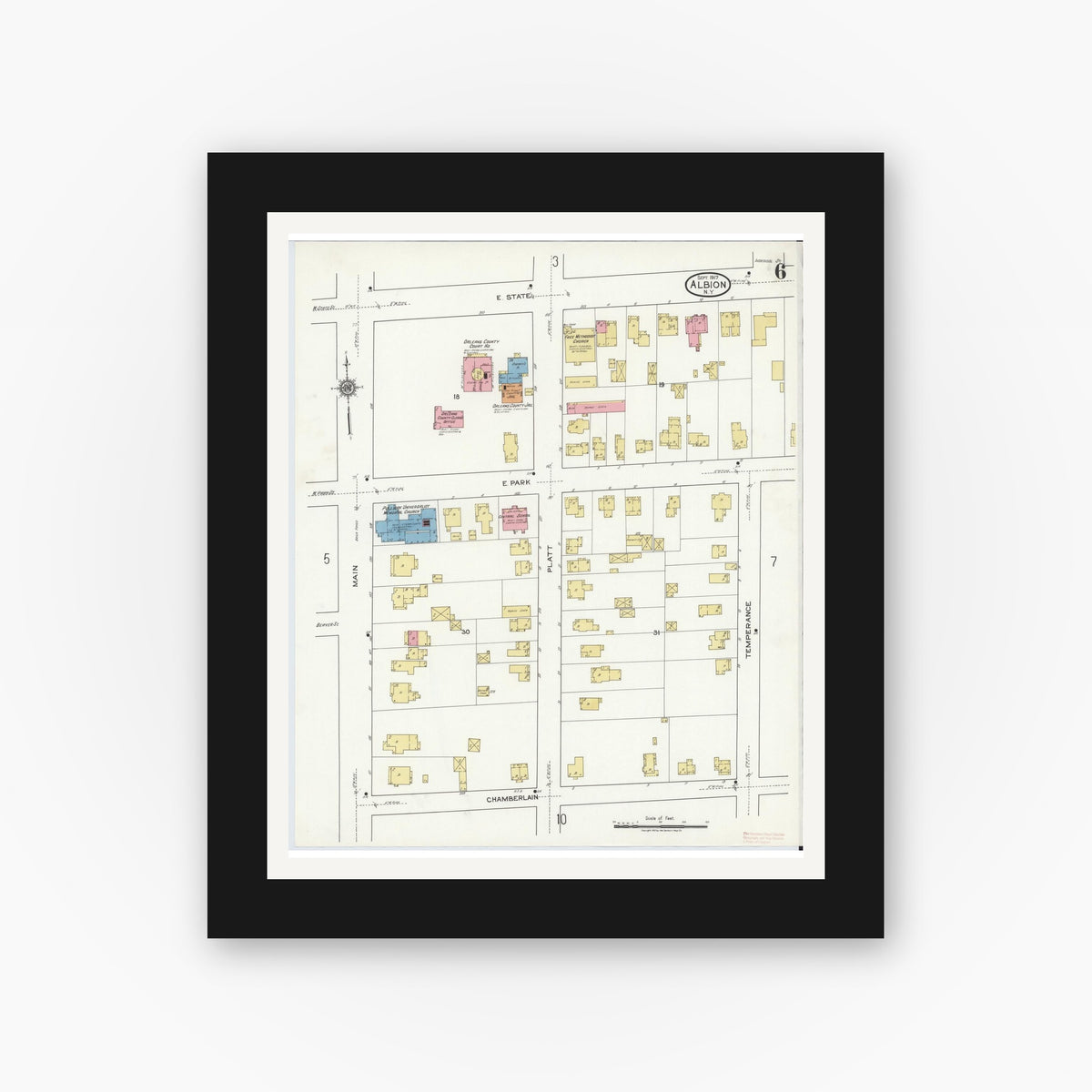 Old map wall art mockup — black gallery frame with white mat — Sanborn Fire Insurance Map from Albion, Orleans County, New York (1917), Sheet #0006