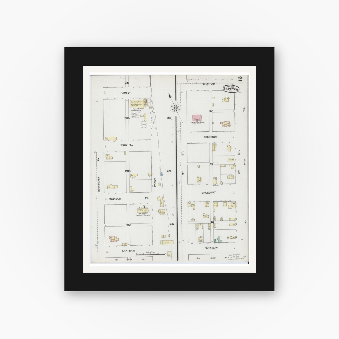 Old map wall art mockup — black gallery frame with white mat — Sanborn Fire Insurance Map from Saint Peter, Nicollet County, Minnesota (1889), Sheet #0002