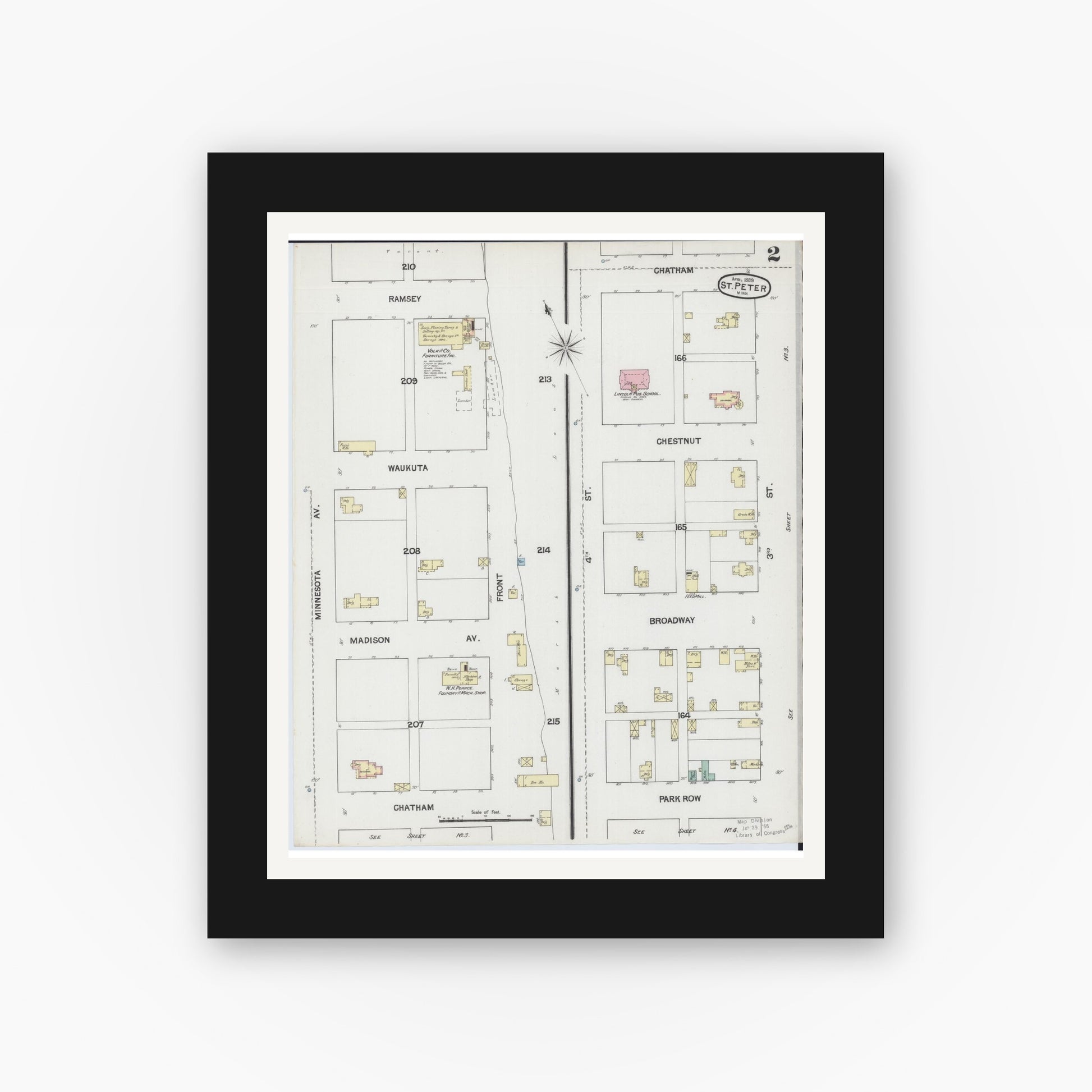 Old map wall art mockup — black gallery frame with white mat — Sanborn Fire Insurance Map from Saint Peter, Nicollet County, Minnesota (1889), Sheet #0002