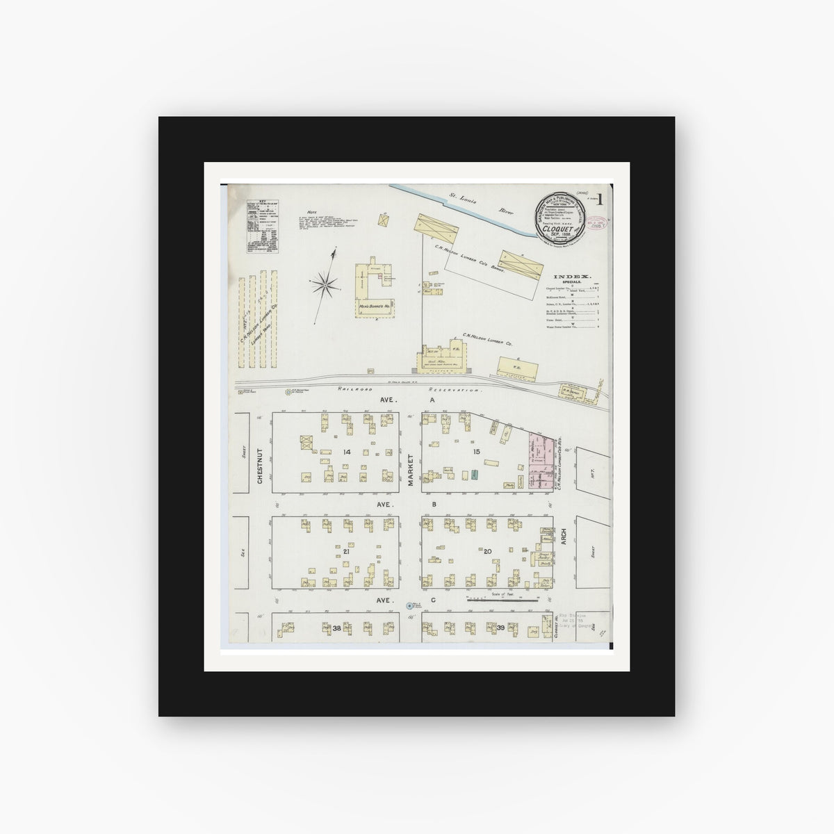Old map wall art mockup — black gallery frame with white mat — Sanborn Fire Insurance Map from Cloquet, Carlton County, Minnesota (1888) - Complete Map Set