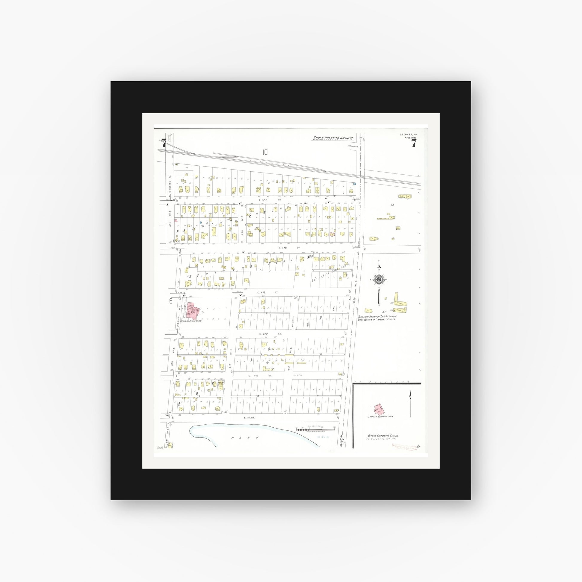 Old map wall art mockup — black gallery frame with white mat — Sanborn Fire Insurance Map from Spencer, Clay County, Iowa (1941), Sheet #0007