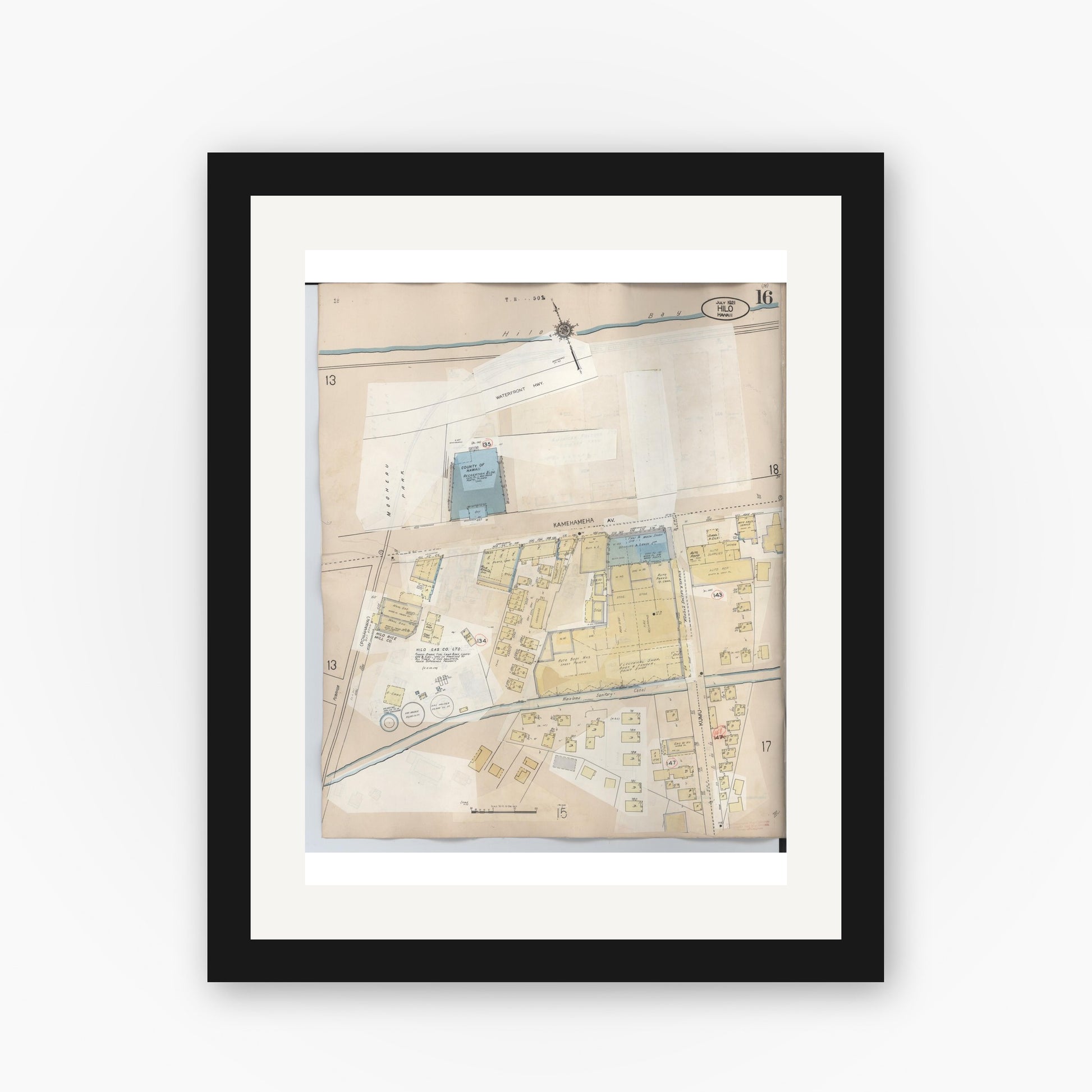 Old map wall art mockup — black gallery frame with white mat — Sanborn Fire Insurance Map from Hilo, Hawaii County, Hawaii (1957), Sheet #0016