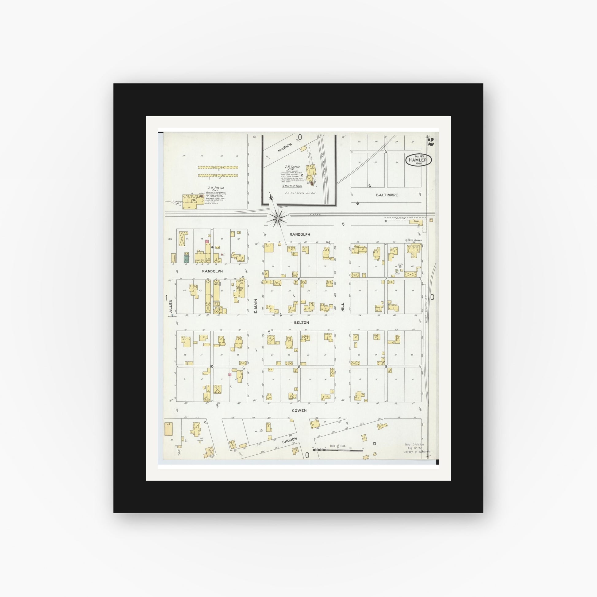 Old map wall art mockup — black gallery frame with white mat — Sanborn Fire Insurance Map from Hamler, Henry County, Ohio (1901), Sheet #0002