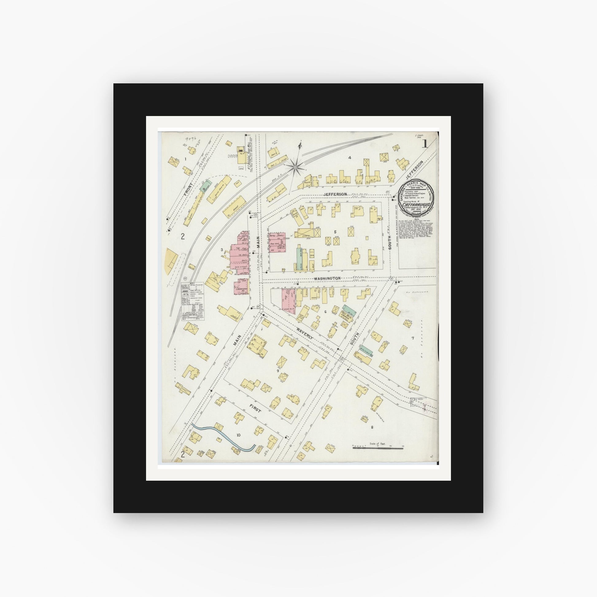 Old map wall art mockup — black gallery frame with white mat — Sanborn Fire Insurance Map from Cattaraugus, Cattaraugus County, New York (1896), Sheet #0001