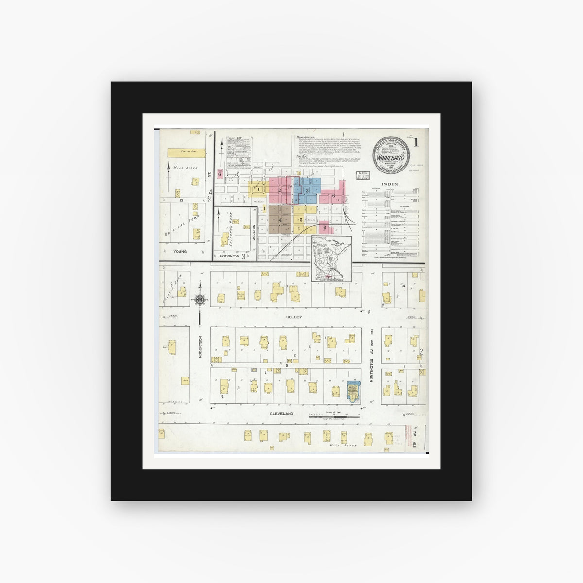 Old map wall art mockup — black gallery frame with white mat — Sanborn Fire Insurance Map from Winnebago, Faribault County, Minnesota (1917), Sheet #0001