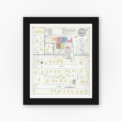 Old map wall art mockup — black gallery frame with white mat — Sanborn Fire Insurance Map from Winnebago, Faribault County, Minnesota (1917), Sheet #0001