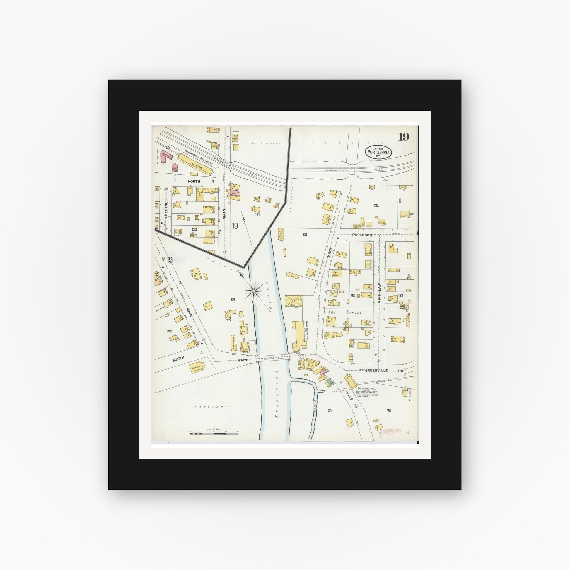Old map wall art mockup — black gallery frame with white mat — Sanborn Fire Insurance Map from Port Jervis, Orange County, New York (1900), Sheet #0019