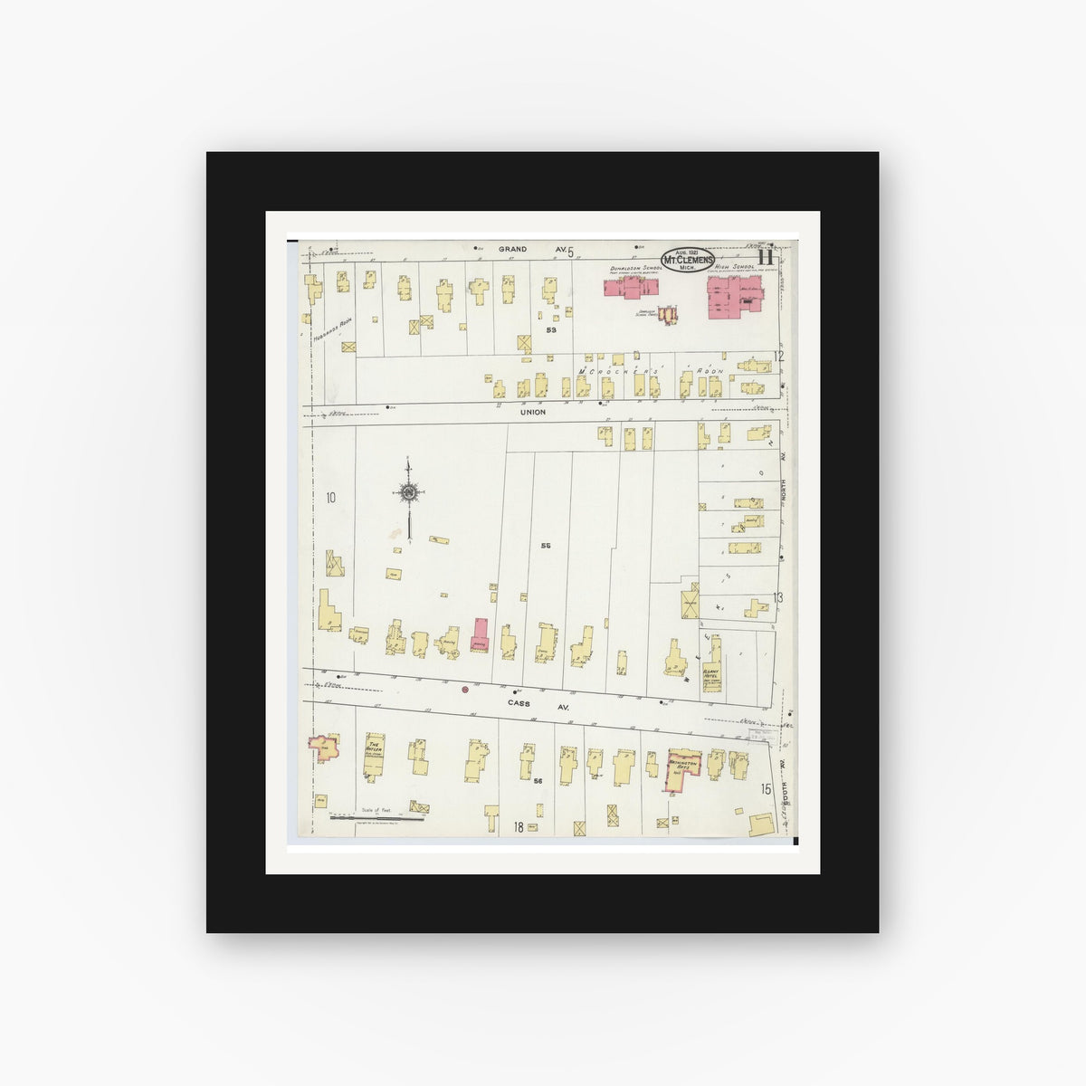 Old map wall art mockup — black gallery frame with white mat — Sanborn Fire Insurance Map from Mount Clemens, Macomb County, Michigan (1921), Sheet #0011