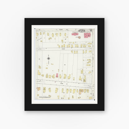 Old map wall art mockup — black gallery frame with white mat — Sanborn Fire Insurance Map from Mount Clemens, Macomb County, Michigan (1921), Sheet #0011