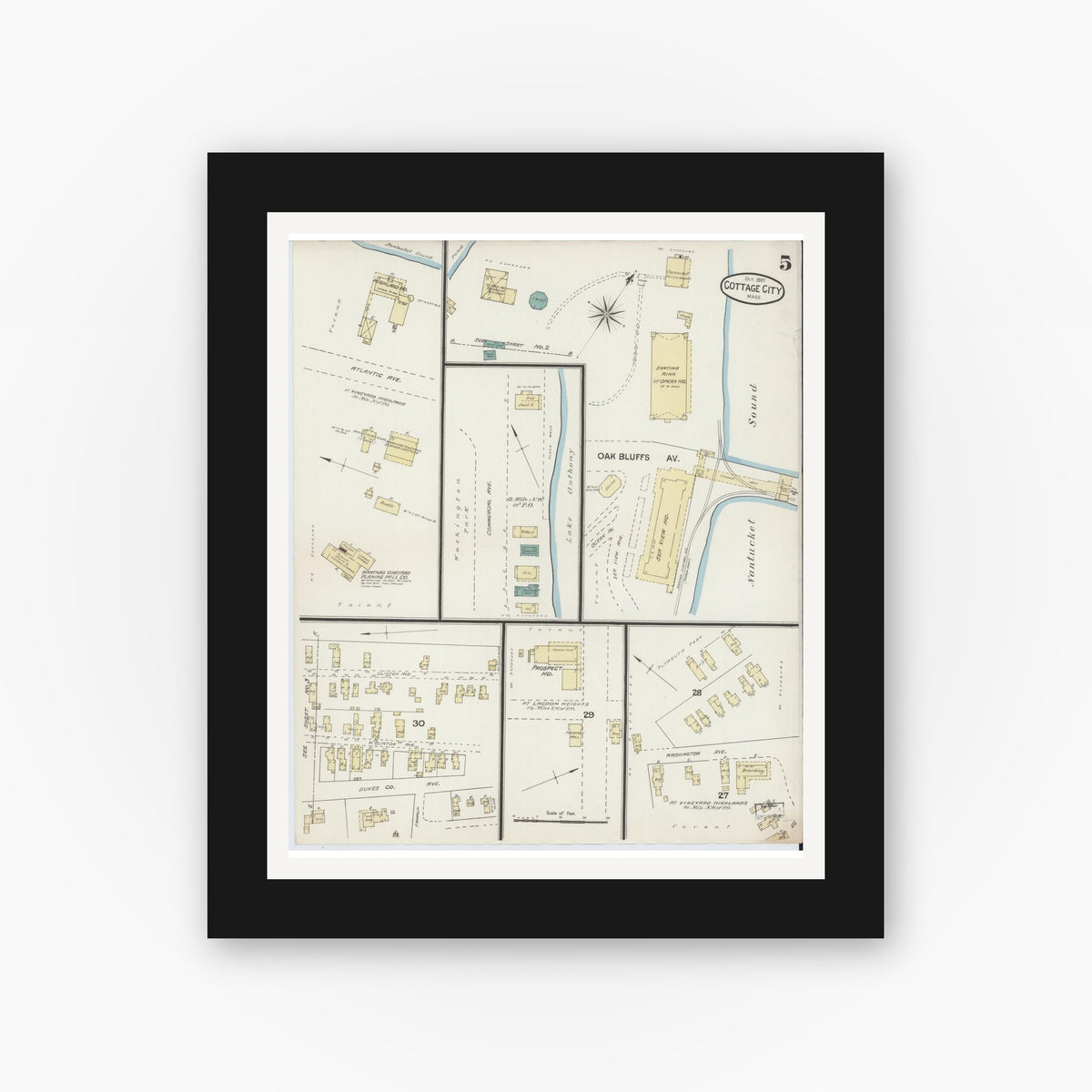 Old map wall art mockup — black gallery frame with white mat — Sanborn Fire Insurance Map from Cottage City, Dukes County, Massachusetts (1887), Sheet #0005
