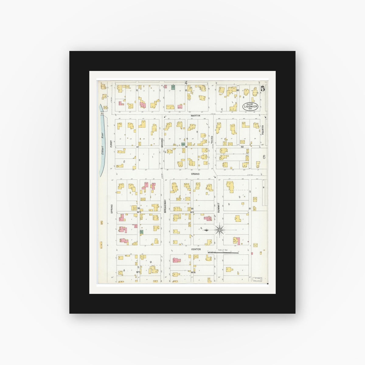 Old map wall art mockup — black gallery frame with white mat — Sanborn Fire Insurance Map from Ligonier, Noble County, Indiana (1901), Sheet #0005