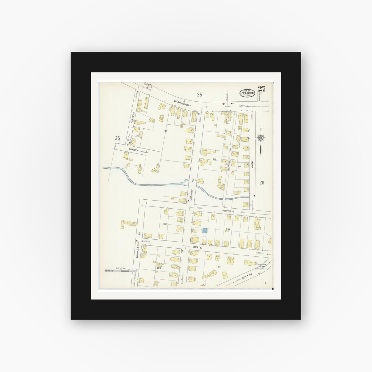 Old map wall art mockup — black gallery frame with white mat — Sanborn Fire Insurance Map from Peabody, Essex County, Massachusetts (1914), Sheet #0027