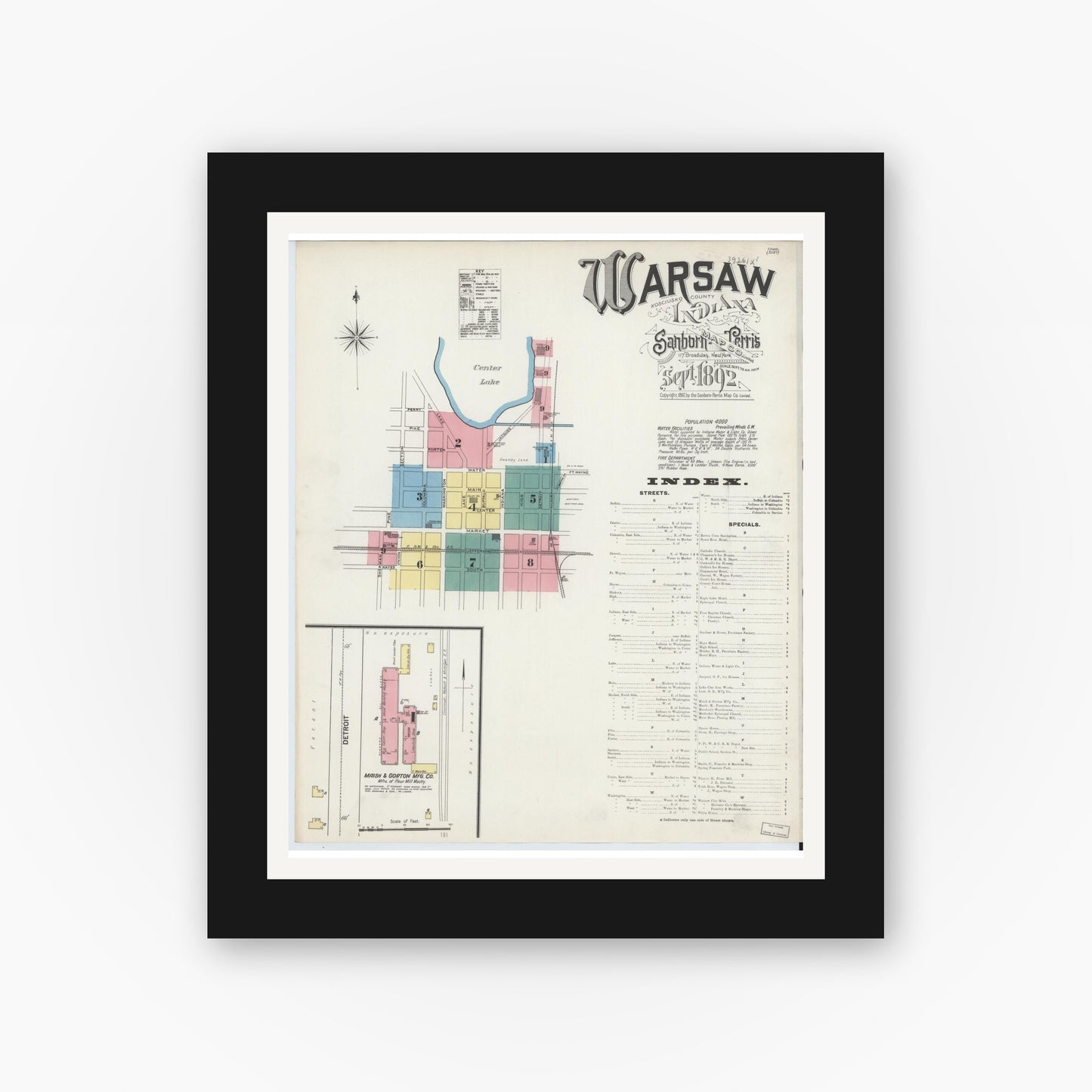 Old map wall art mockup — black gallery frame with white mat — Sanborn Fire Insurance Map from Warsaw, Kosciusko County, Indiana (1892) - Complete Map Set