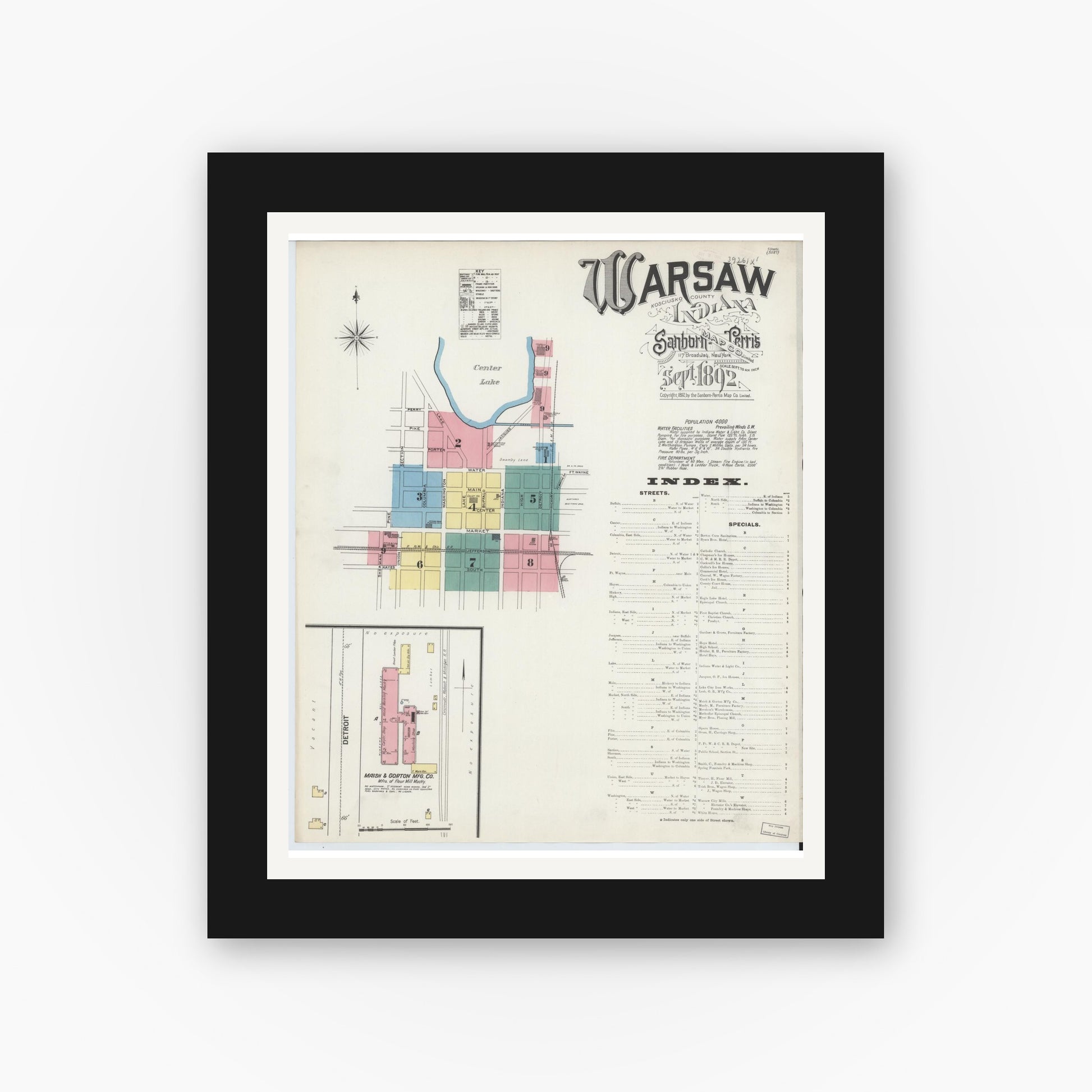 Old map wall art mockup — black gallery frame with white mat — Sanborn Fire Insurance Map from Warsaw, Kosciusko County, Indiana (1892) - Complete Map Set