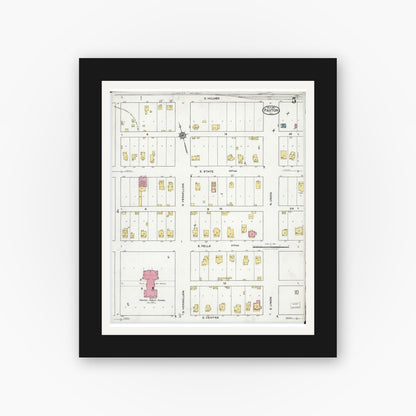 Old map wall art mockup — black gallery frame with white mat — Sanborn Fire Insurance Map from Paxton, Ford County, Illinois (1921), Sheet #0005