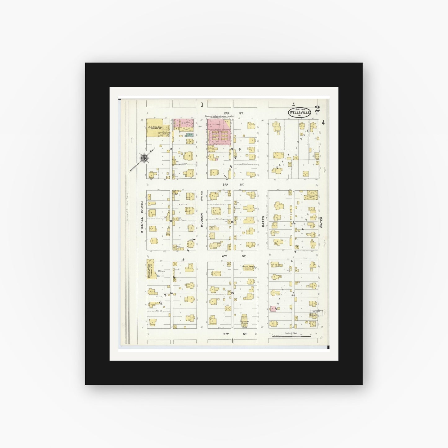Old map wall art mockup — black gallery frame with white mat — Sanborn Fire Insurance Map from Wellsville, Montgomery County, Missouri (1909), Sheet #0002